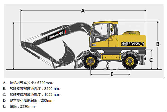 寶鼎95W-9輪式挖掘機車身參數(shù)